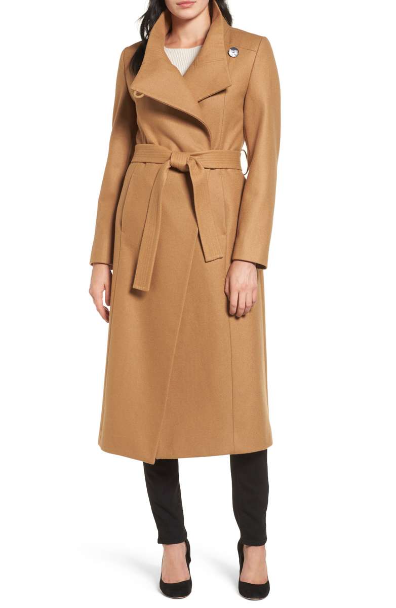 KENNETH COLE NEW YORK Wool Blend Maxi Wrap Coat Camel sienna miller celebrity fashion