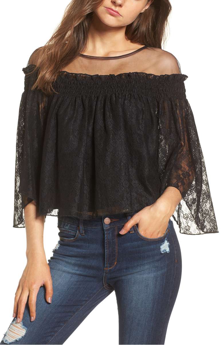LEITH Lace & Mesh Off the Shoulder Top Black off the shoulder blouses spring 2018