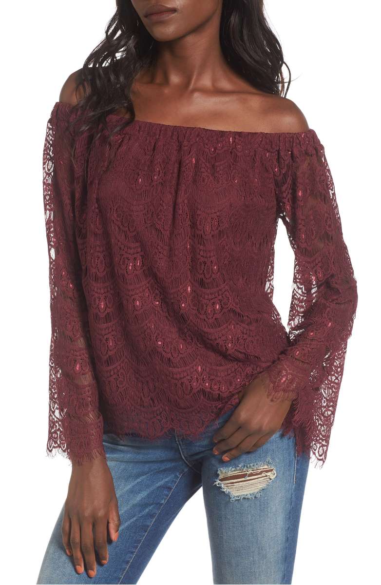 LOVE, FIRE Lace Off the Shoulder Top Zinfandel Bell Sleeves off the shoulder blouses 