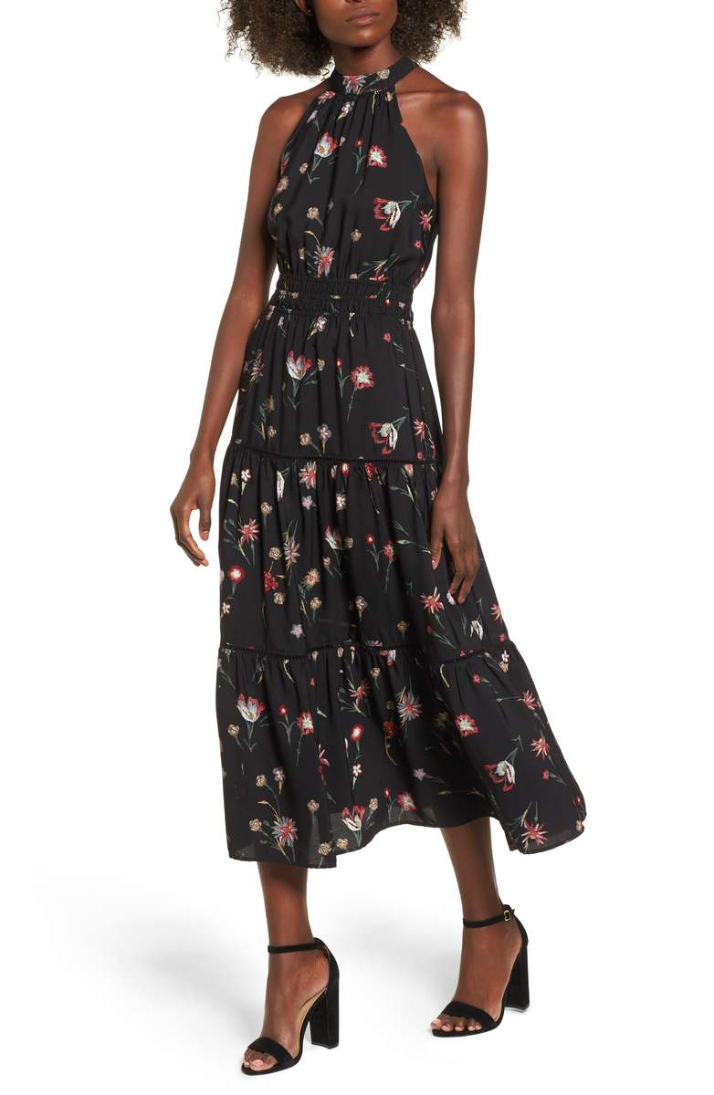 Lost + Wander Fleur Halter Midi Dress Fleur Halter Midi Dress Black Floral Print dresses women winter 2018