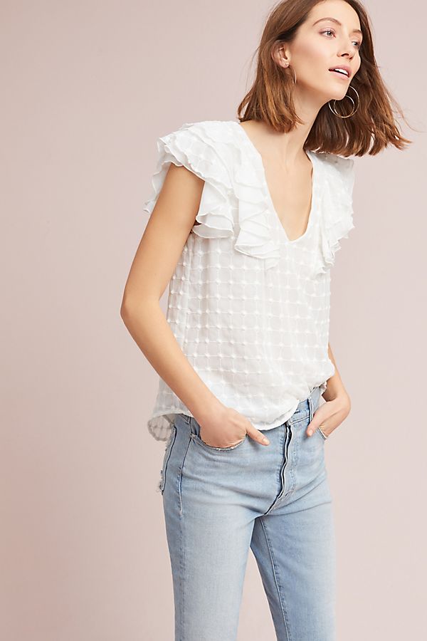 Matison Stone Flutter-Sleeve Textured Top White anthropologie winter fashion sale 