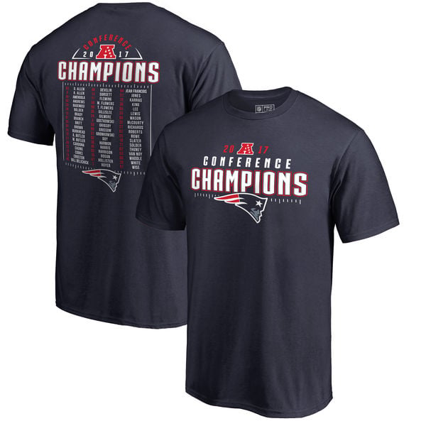 New England Patriots NFL Pro Line by Fanatics Branded 2017 AFC Champions Cover 2 Roster T-Shirt – Navy 2017 afc champions new england patriots locker room shirts mens