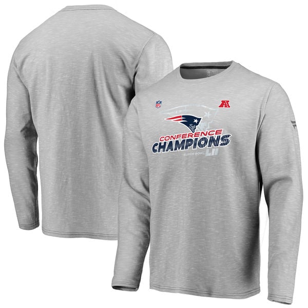 New England Patriots NFL Pro Line by Fanatics Branded 2017 AFC Champions Trophy Collection Locker Room Long Sleeve T-Shirt – Gray afc champions 2017 new england patriots locker room hats shirts men women kids