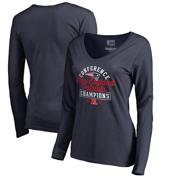 New England Patriots NFL Pro Line by Fanatics Branded Women's 2017 AFC Champions Fade Long Sleeve V-Neck T-Shirt – Navy