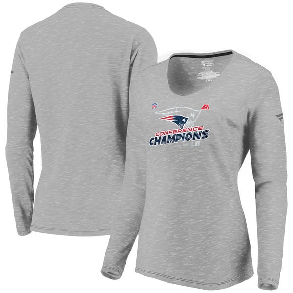 New England Patriots NFL Pro Line by Fanatics Branded Women's 2017 AFC Champions Trophy Collection Locker Room Long Sleeve V-Neck T-Shirt – Gray afc champions 2017 new england patriots locker room hats shirts men women kids