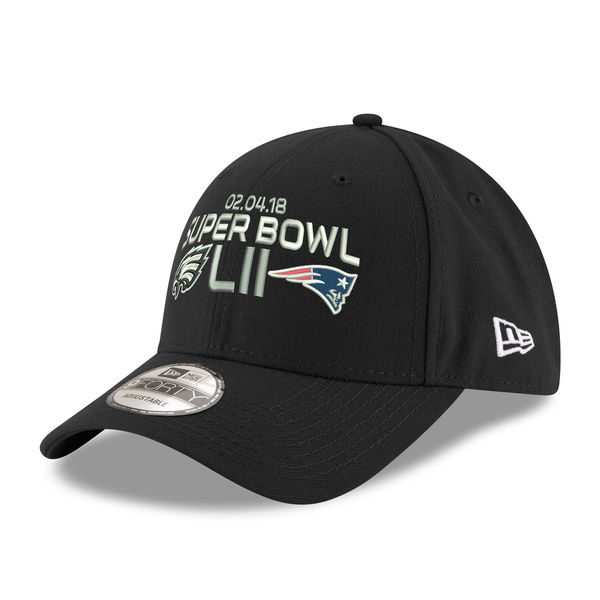 New England Patriots vs. Philadelphia Eagles New Era Super Bowl LII Dueling Replica 9FORTY Adjustable Hat – Black