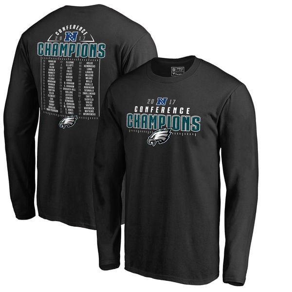Philadelphia Eagles NFL Pro Line by Fanatics Branded 2017 NFC Champions Cover 2 Roster Long Sleeve T-Shirt – Black 2017 NFC Champions Philadelphia Eagles Locker Room Hats, Shirts for Men