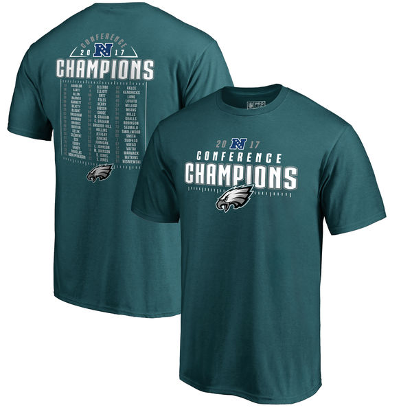 Philadelphia Eagles NFL Pro Line by Fanatics Branded 2017 NFC Champions Cover 2 Roster T-Shirt – Midnight Green 2017 NFC Champions Philadelphia Eagles Locker Room Hats, Shirts for Men