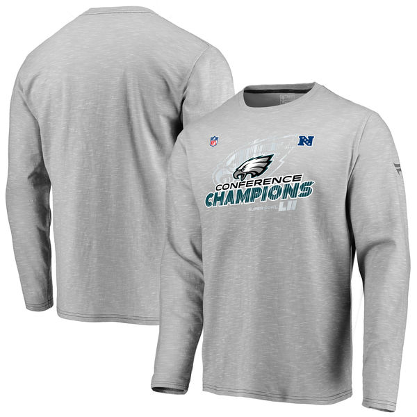 Philadelphia Eagles NFL Pro Line by Fanatics Branded 2017 NFC Champions Trophy Collection Locker Room Long Sleeve T-Shirt – Gray 2017 NFC Champions Philadelphia Eagles Locker Room Hats, Shirts for Men