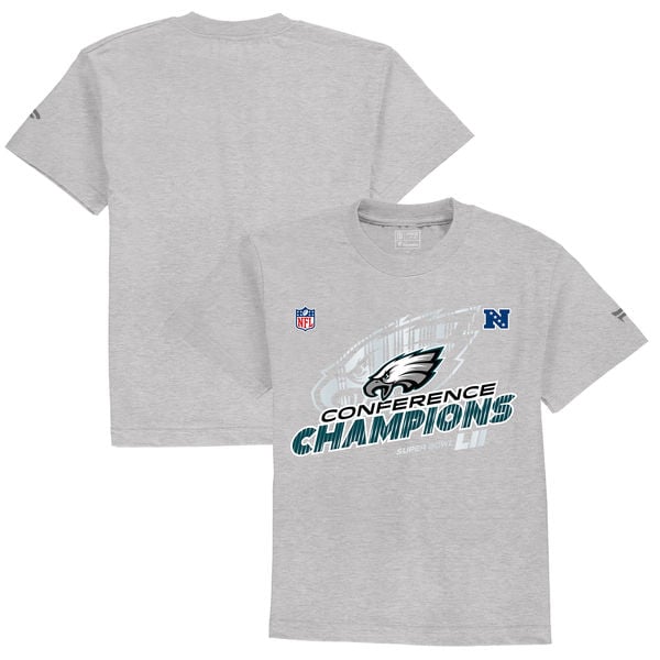 Philadelphia Eagles NFL Pro Line by Fanatics Branded Preschool 2017 NFC Champions Trophy Collection Locker Room T-Shirt – Heather Gray 2017 NFC Champions Philadelphia Eagles Locker Room Shirts For Kids