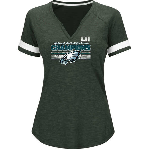Philadelphia Eagles NFL Pro Line by Fanatics Branded Women's 2017 NFC Champions Delivering Victory V-Neck T-Shirt – Charcoal 2017 NFC Champions Philadelphia Eagles Locker Room Shirts For Women 