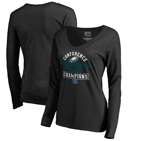 Philadelphia Eagles NFL Pro Line by Fanatics Branded Women's 2017 NFC Champions Fade Long Sleeve V-Neck T-Shirt – Black 2017 NFC Champions Philadelphia Eagles Locker Room Shirts For Women