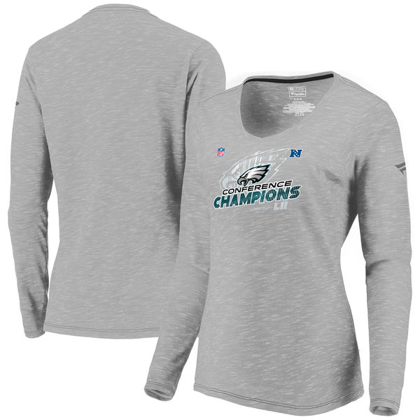 Philadelphia Eagles NFL Pro Line by Fanatics Branded Women's 2017 NFC Champions Trophy Collection Locker Room Long Sleeve V-Neck T-Shirt – Gray 2017 NFC Champions Philadelphia Eagles Locker Room Shirts For Women