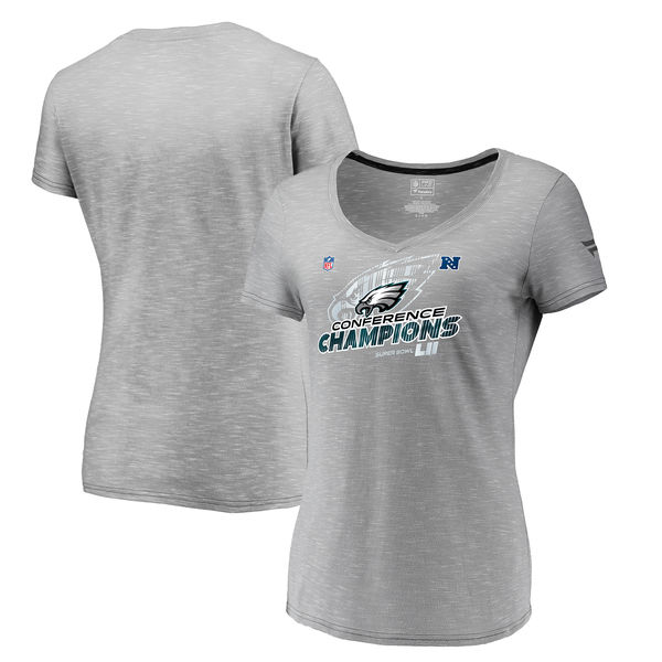 Philadelphia Eagles NFL Pro Line by Fanatics Branded Women's 2017 NFC Champions Trophy Collection Locker Room V-Neck T-Shirt – Gray 2017 NFC Champions Philadelphia Eagles Locker Room Shirts For Women