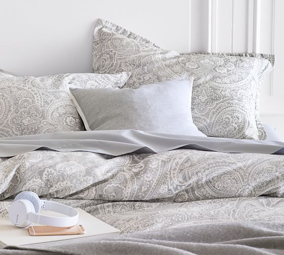 Pottery Barn VANESSA PRINTED TENCEL DUVET COVER & SHAM - GRAY pottery barn white sale