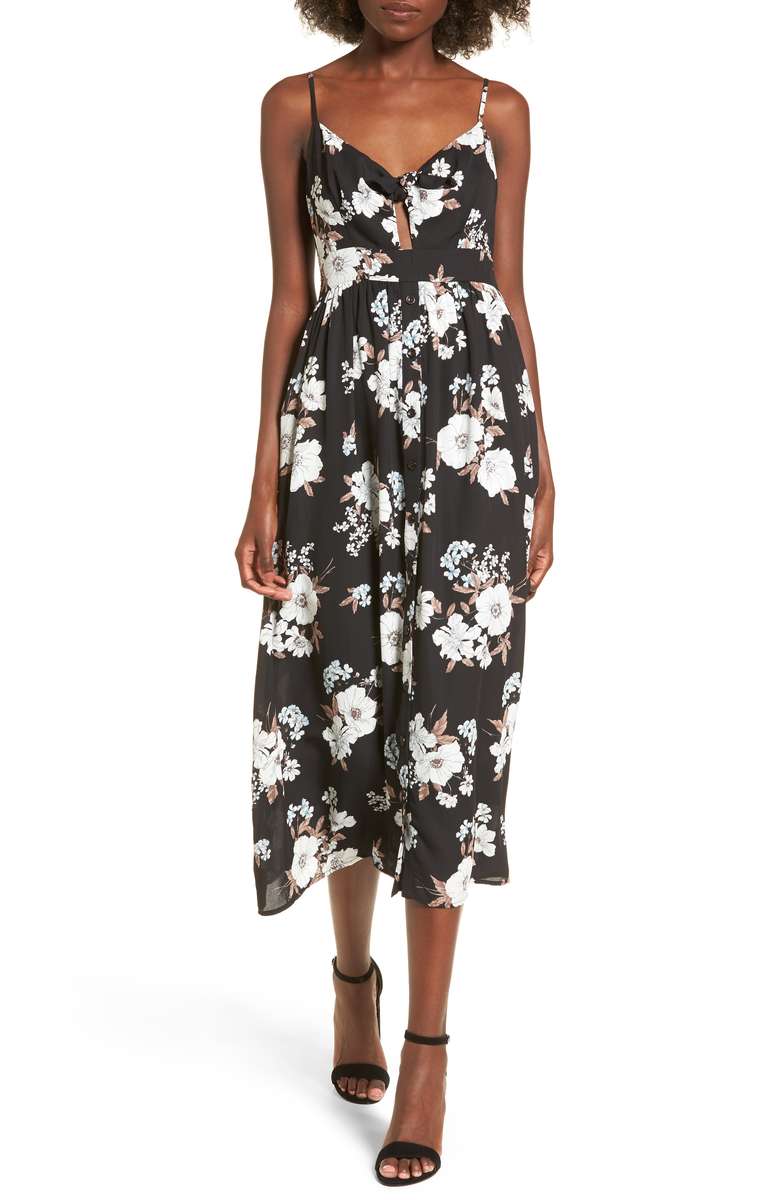 SOPRANO Tie Front Midi Dress Black Floral Print dresses women winter 2018