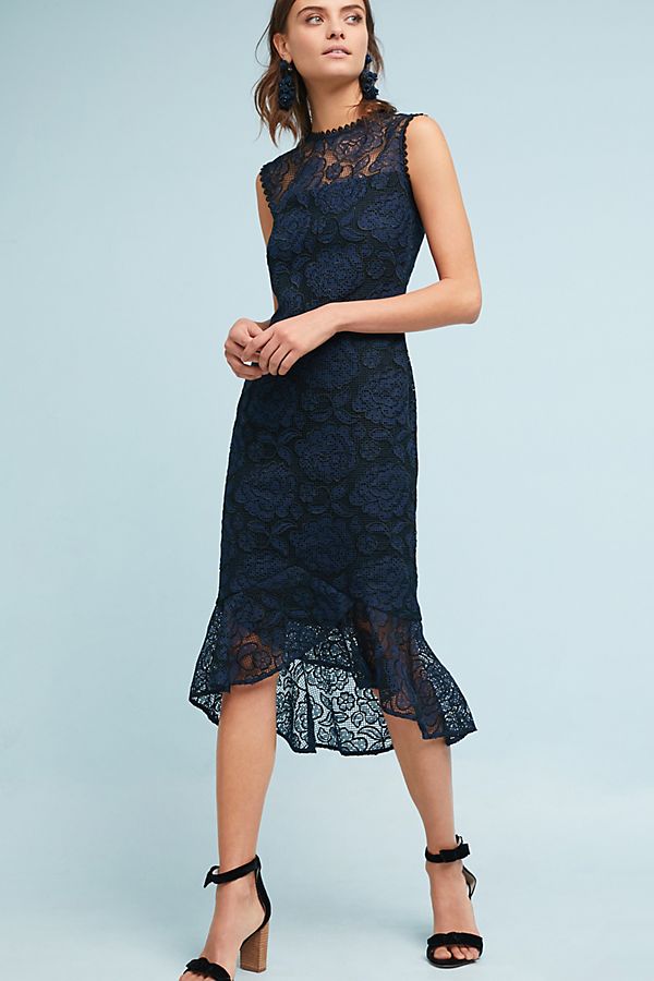 Shoshanna Reika Trumpet Dress Navy Blue anthropologie winter fashion sale