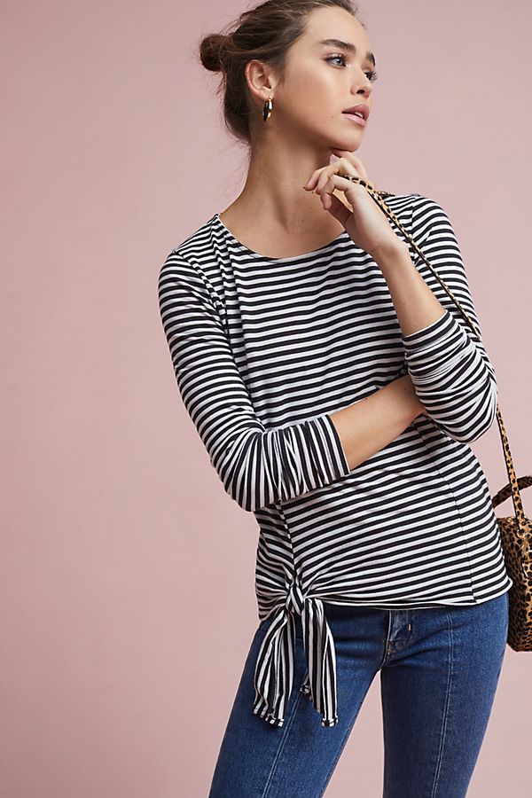 T.La Barela Tie-Waist Top Dark Grey Stripes anthropologie winter fashion sale