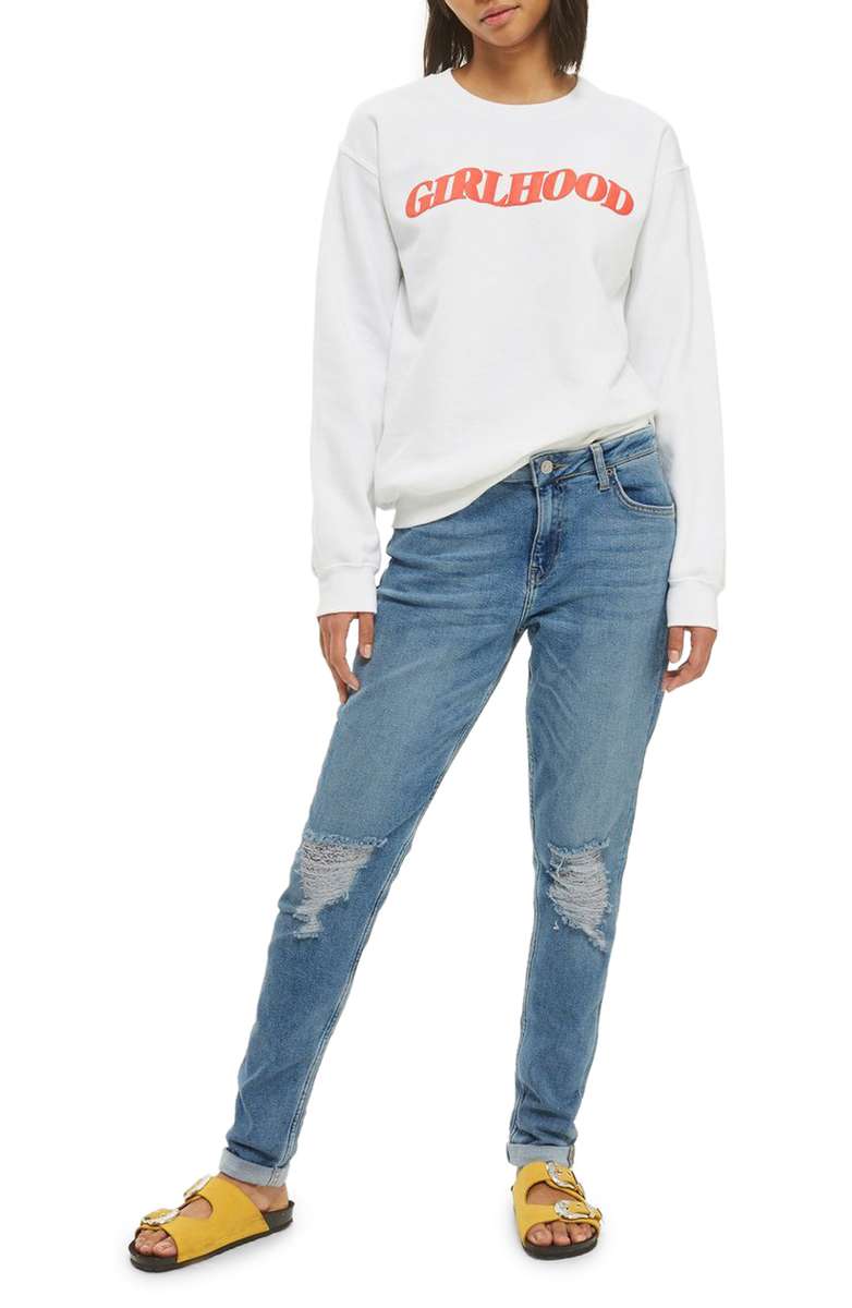 TOPSHOP Lucas Rip Boyfriend Jeans Mid Denim sienna miller rolled cuff