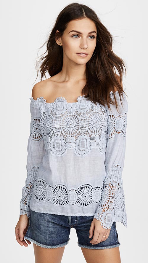 Temptation Positano Lau Off the Shoulder Top Grigio Tonal Lace off the shoulder blouses spring 2018
