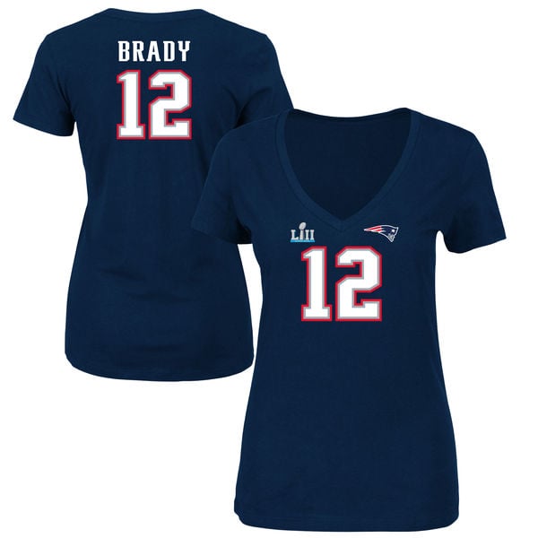 Tom Brady New England Patriots NFL Pro Line by Fanatics Branded Women's Super Bowl LII Bound Fair Catch Patch Name & Number T-Shirt – Navy 