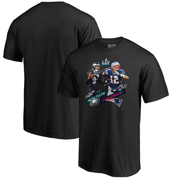Tom Brady & Nick Foles New England Patriots vs. Philadelphia Eagles NFL Pro Line by Fanatics Branded Super Bowl LII Dueling Base Player T-Shirt – Black