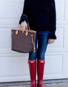 Fashion blogger Candace Rose Anderson of CandieAnderson.com's winter checklist! endless rose ruffle sweater, ag jeans, red hunter boots, david yurman bracelet, michele watch louis vuitton neverfull mm bag.