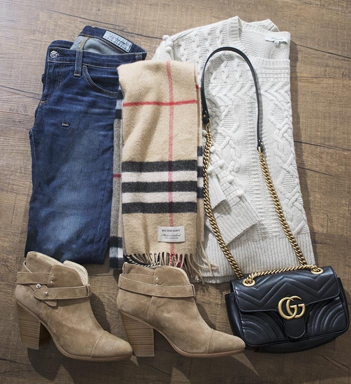 candaceroseanderson burberry cashmere scarf candieanderson blog candace rose anderson candie outfit of the day flat lay madewell bobble sweater rag and bone harrow booties gucci gg marmont bag fashion blogger