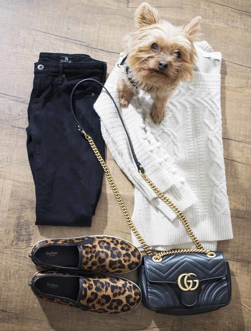 candaceroseanderson candace rose anderson candieanderson madewell open side bobble sweater botkier leopard print slip on sneakers yorkie gucci marmont bag flat lay sale