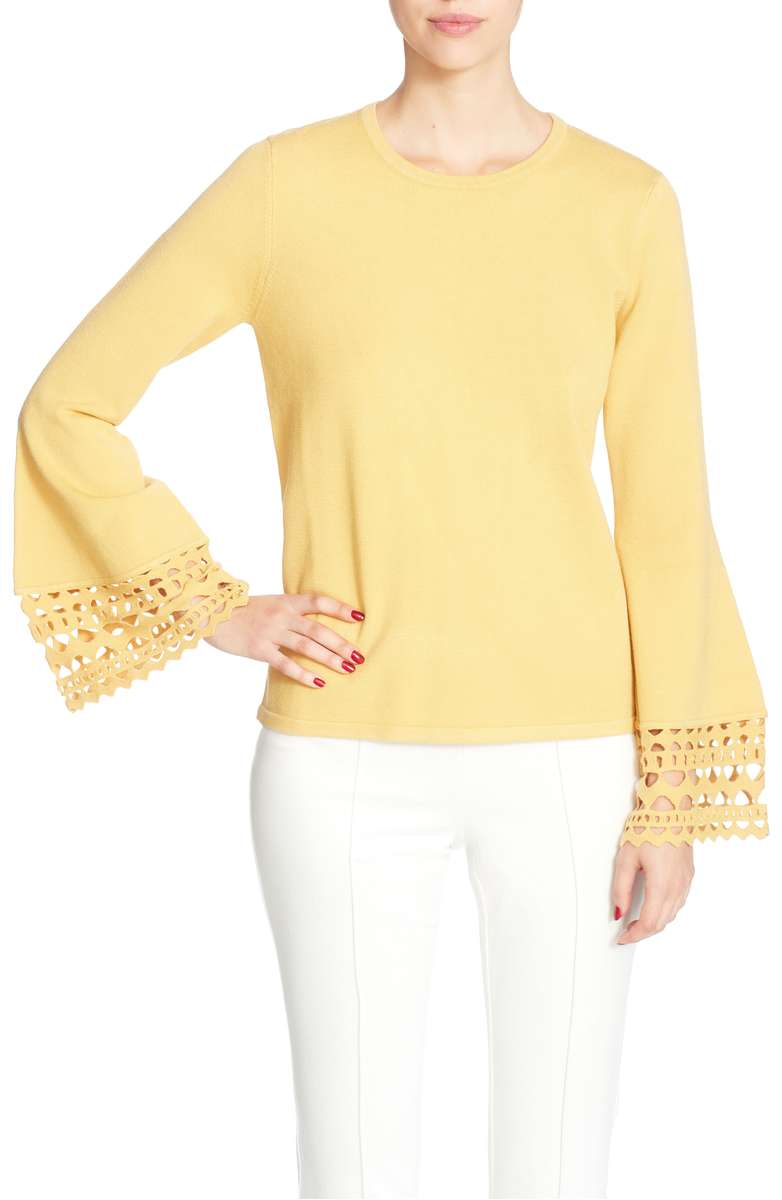 CATHERINE CATHERINE MALANDRINO Deco Bell Sleeve Sweater Yellow Ochre eyelet tops spring 2018
