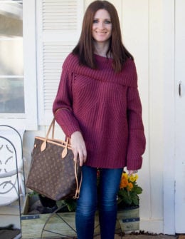 Candie Anderson wears a wine color Tobi off the shoulder sweater.