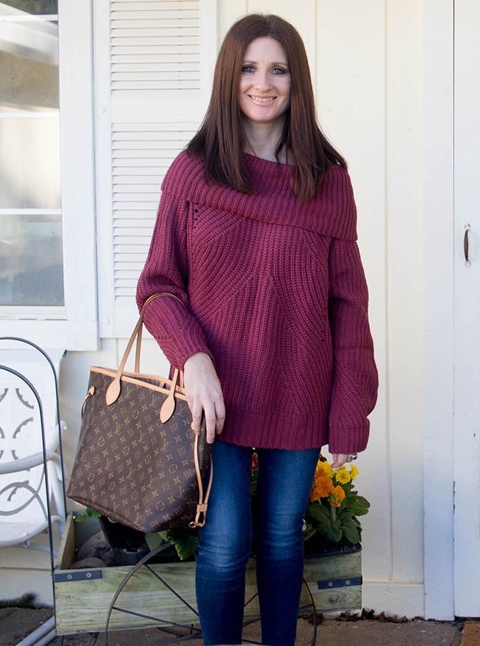 Candie Anderson wears a wine color Tobi off the shoulder sweater. 