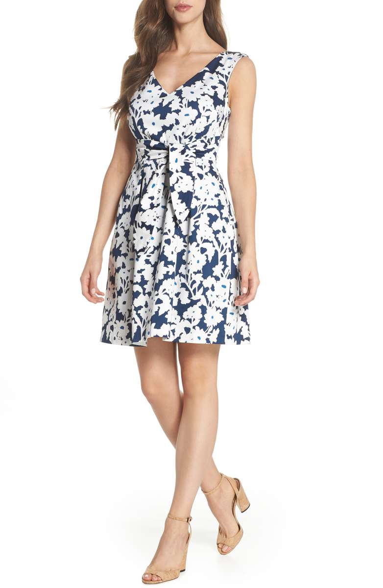ADRIANNA PAPELL Daisy Field Fit & Flare Dress Navy Ivory Multi floral print tie front dresses tie waist dresses