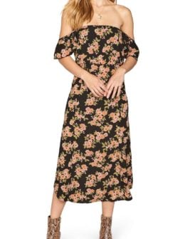 AMUSE SOCIETY Sweeter Than You Off the Shoulder Midi Dress Black Sands floral print dresses