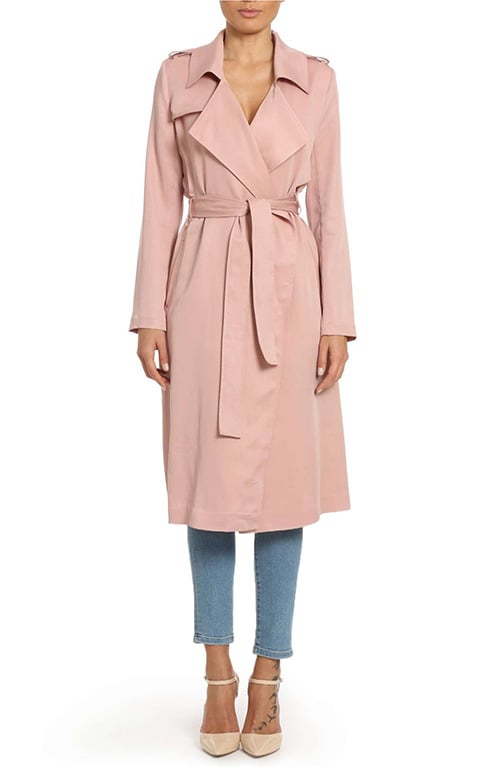 BADGLEY MISCHKA Faux Leather Trim Long Trench Coat Lip Kit trench coats winter spring 2018