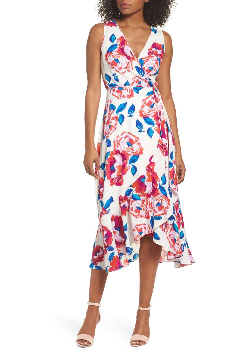 CHARLES HENRY Floral Print Sleeveless Wrap Dress Ivory Red Blue floral print dresses
