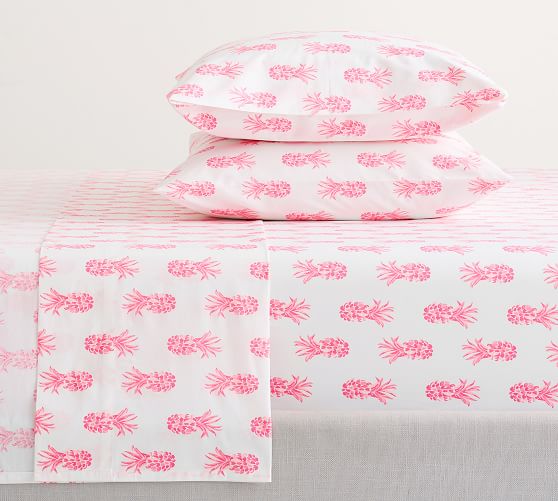 Lilly Pulitzer Pineapple Pink Print Organic Percale Sheet Set pottery barn 
