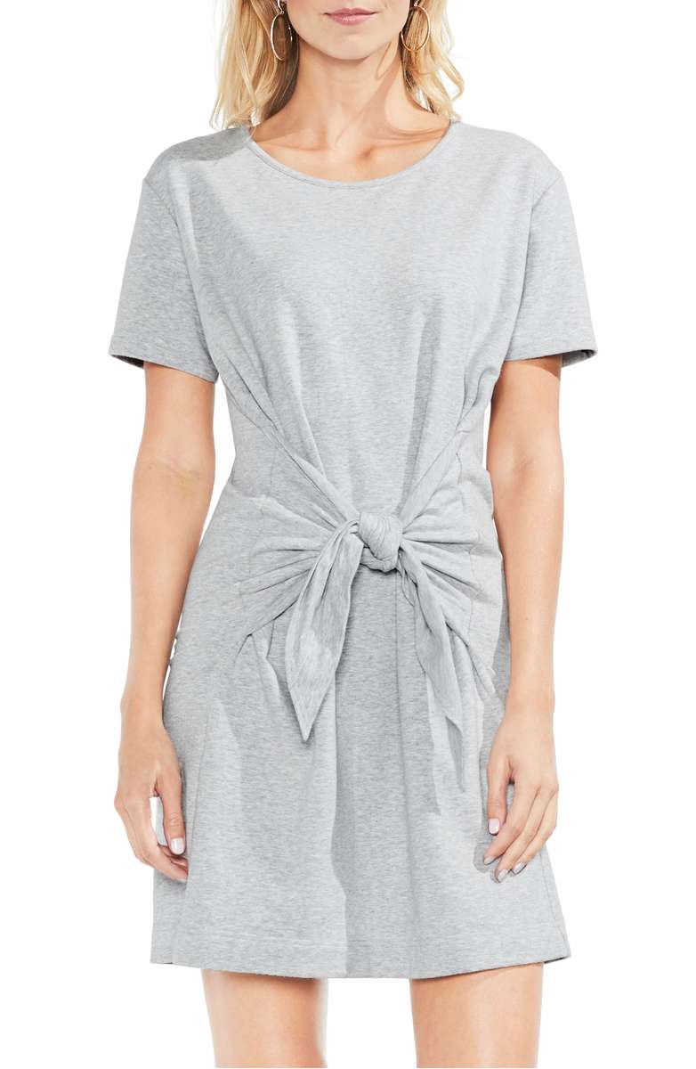 VINCE CAMUTO Tie Front Peached French Terry Dress Grey Heather tie waist dresses tie front dresses