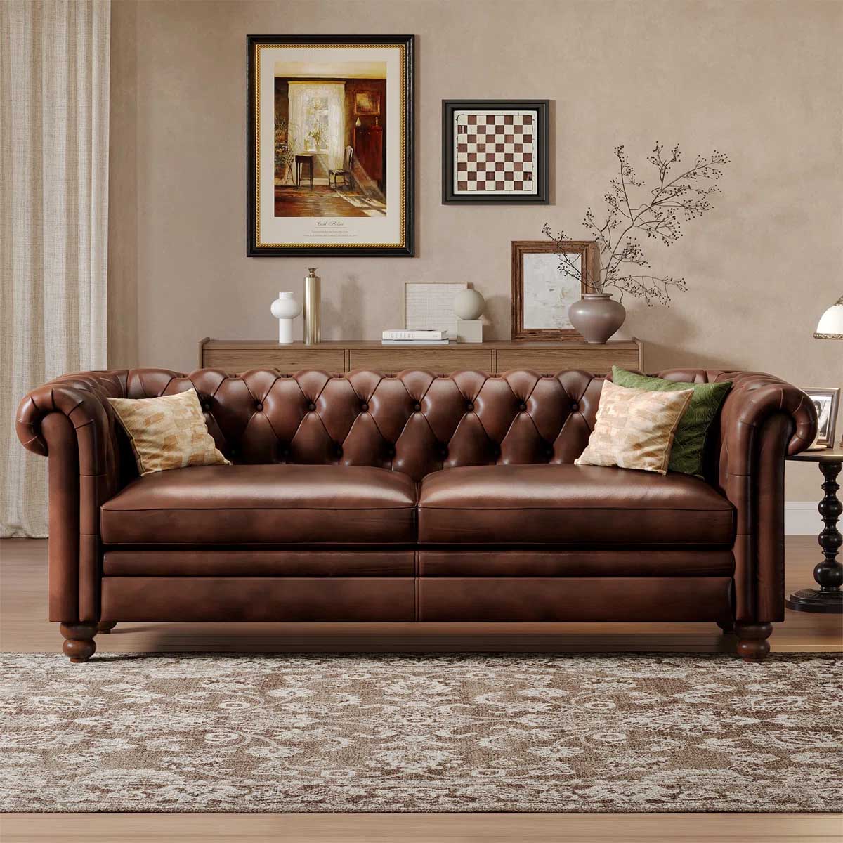 World Menagerie 80.7 Leather Sofa, Chesterfield Sofa With Rolled Arm And Solid Wood best leather chesterfield sofas