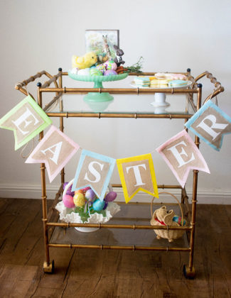 Lifestyle blogger, Candie Anderson of CandieAnderson.com shares her antique gold Dessau Home faux bamboo bar cart which she decorated with vintage and vintage inspired decor for Easter.