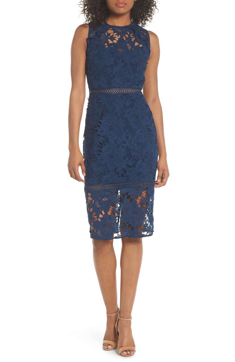 COOPER ST Lustrous High Neck Lace Sheath Dress Navy Blue kentucky derby dresses