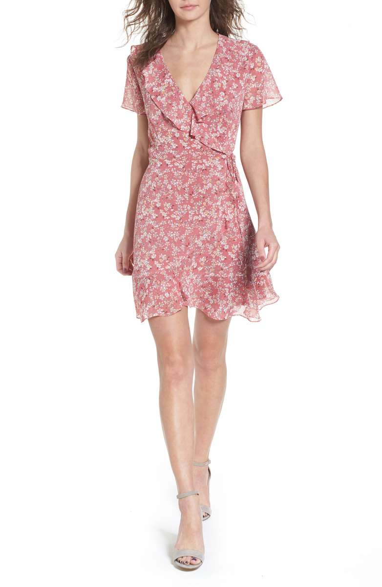 LUSH Colie Ruffle Wrap Dress Pink Ditsy Floral Print kentucky derby dresses