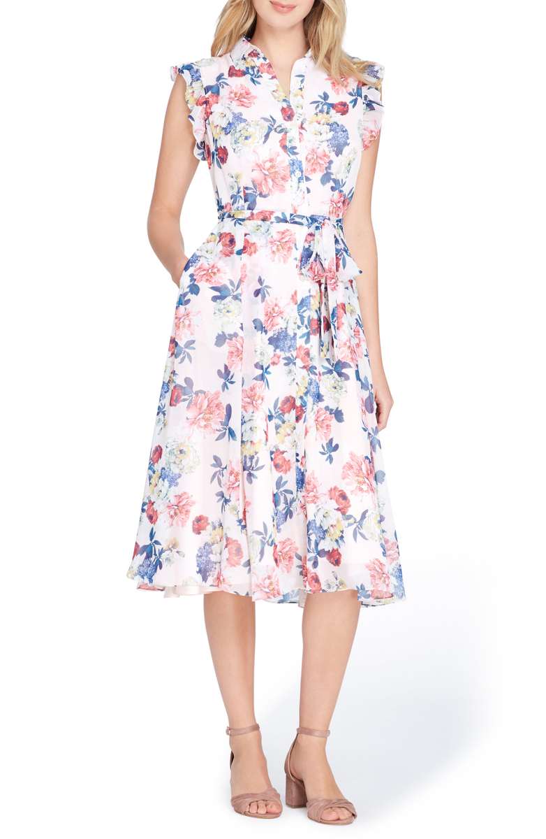 TAHARI Floral Chiffon Shirtdress Blush Tea Rose Navy kentucky derby dresses