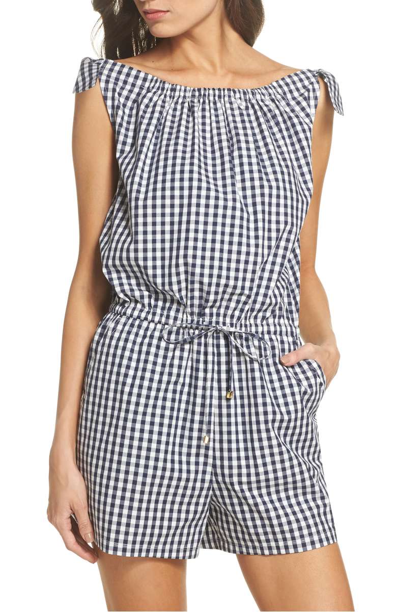 TORY BURCH Gingham Check Romper Tory Navy Blue White rompers spring women