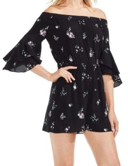 VINCE CAMUTO Off the Shoulder Ruffle Sleeve Floral Romper Rich Black rompers spring summer women