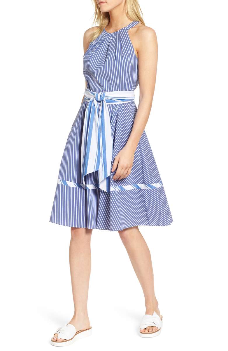 1901 Stripe Halter Fit & Flare Dress Blue White Stripe blue and white dresses summer 2018