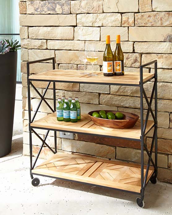 Avery Neoclassical Outdoor Bar Cart Tan Iron Frame Teak Shelves outdoor bar carts patio