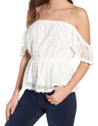 CUPCAKES AND CASHMERE Breena Lace Off the Shoulder Top Ivory off the shoulder tops summer 2018