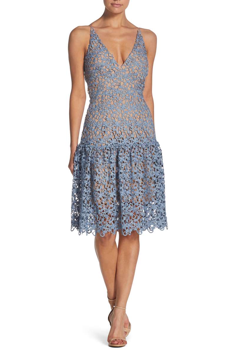 DRESS THE POPULATION Lily Crochet Fit & Flare Dress Mineral Blue Nude crochet dresses wedding guests
