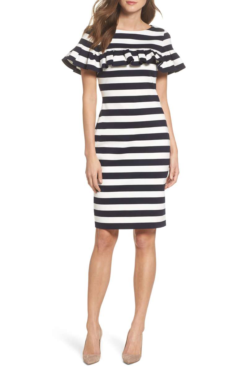 ELIZA J Stripe Ruffle Sheath Dress Navy Blue Ivory blue and white dresses spring summer 2018